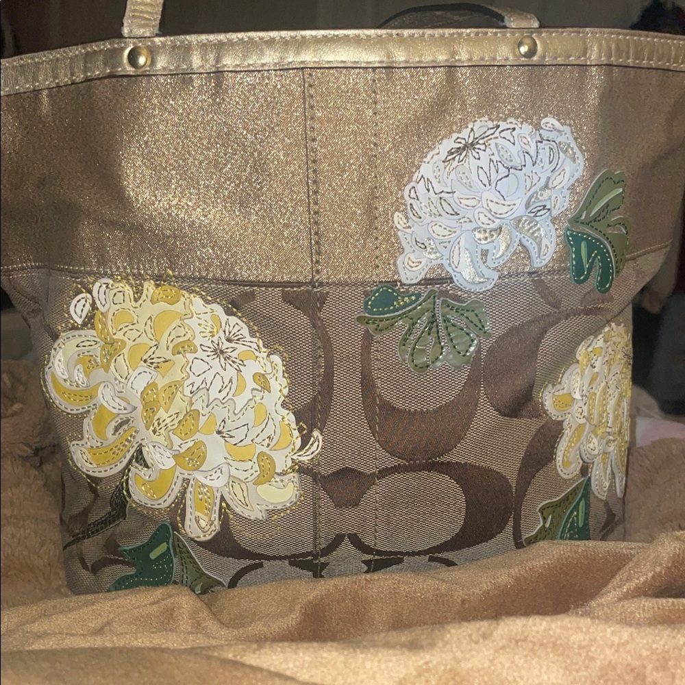 Coach Signature C Gold and Brown Floral Tote Bag Y2K